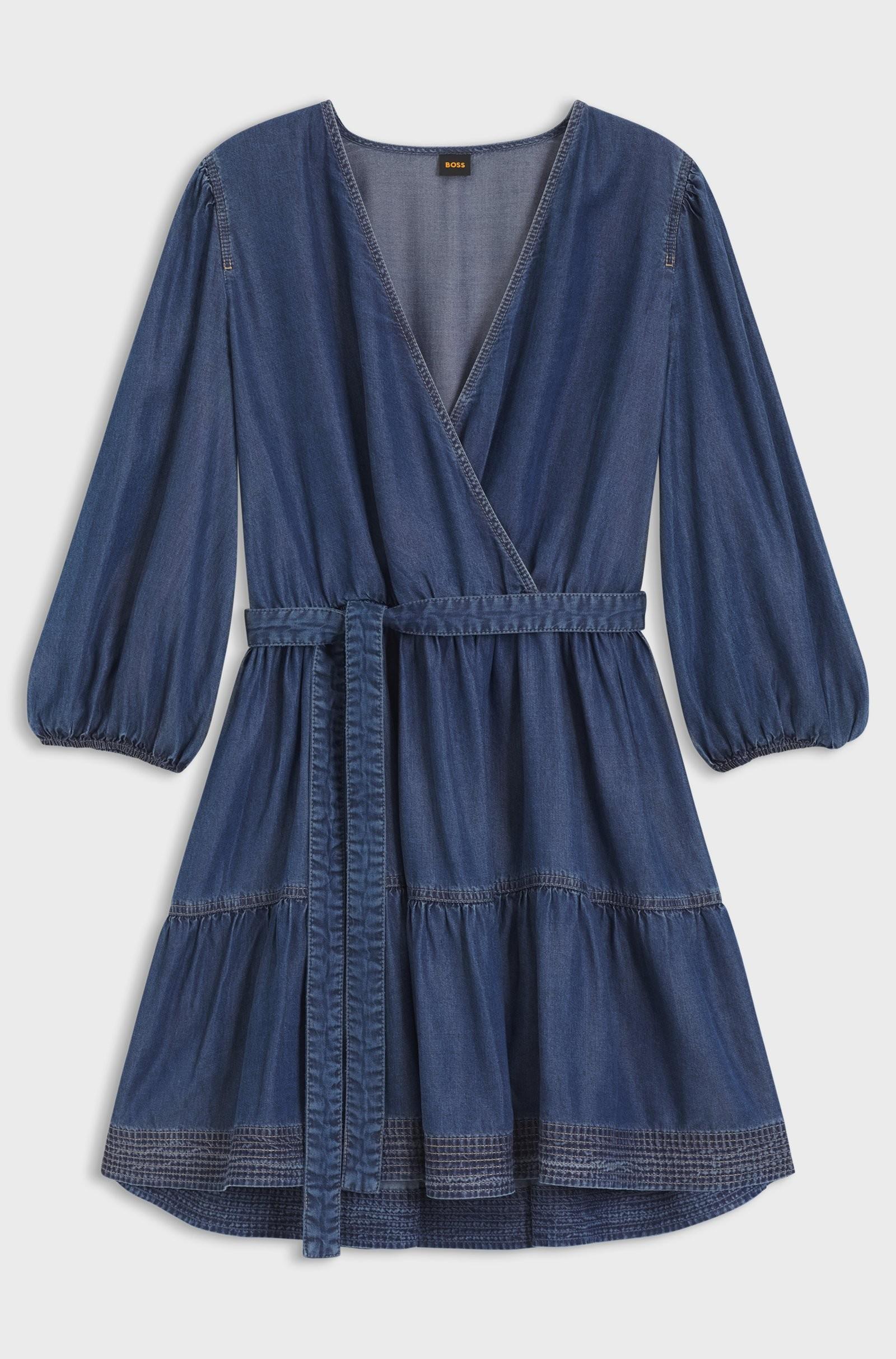 Vestito con parte anteriore incrociata in denim con maniche a palloncino 50559071 420 BOSS 