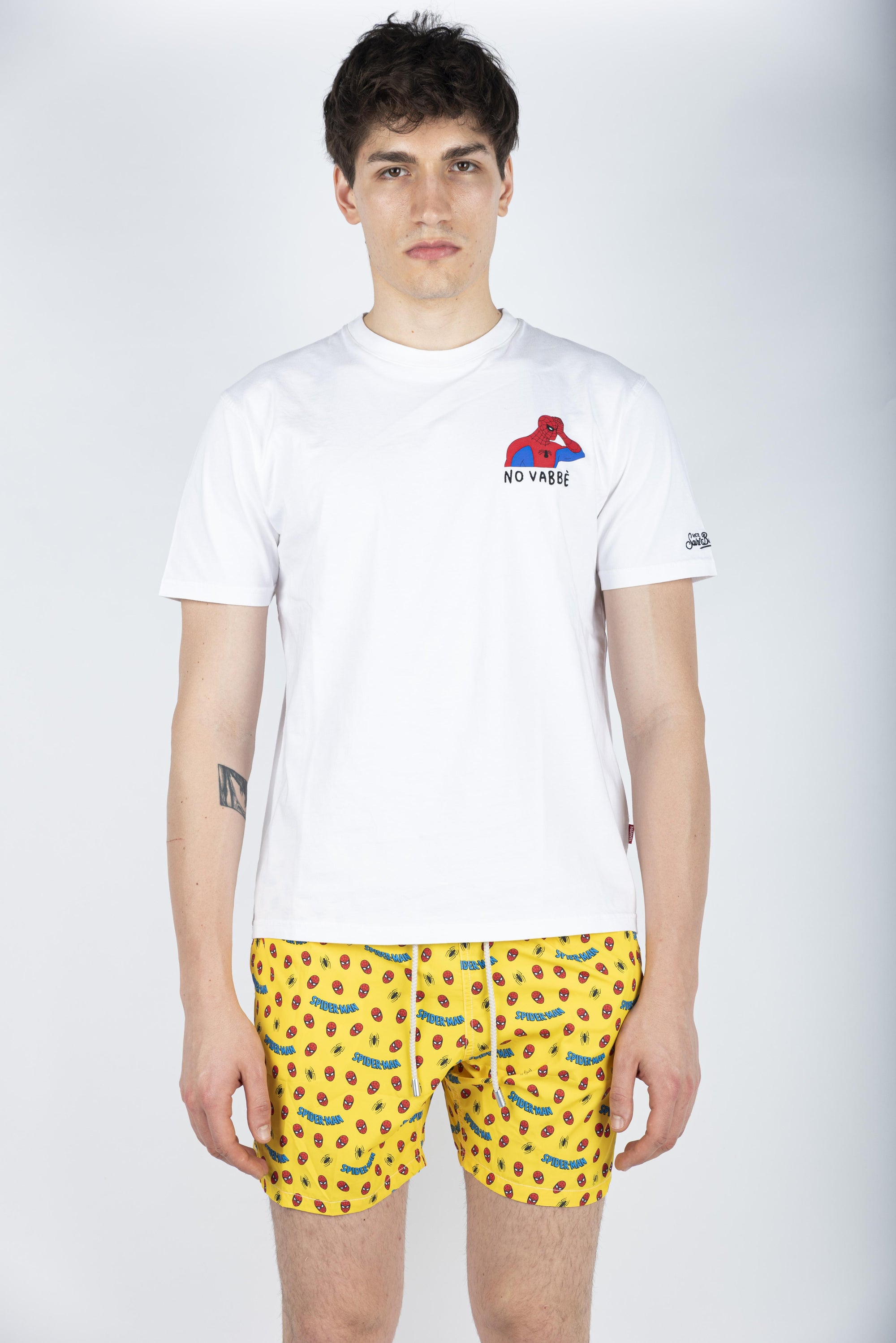 T-shirt in cotone con ricamo Spider-Man No Vabbè bianco Special Edition TSHM001 00007H MC2 SAINT BARTH 
