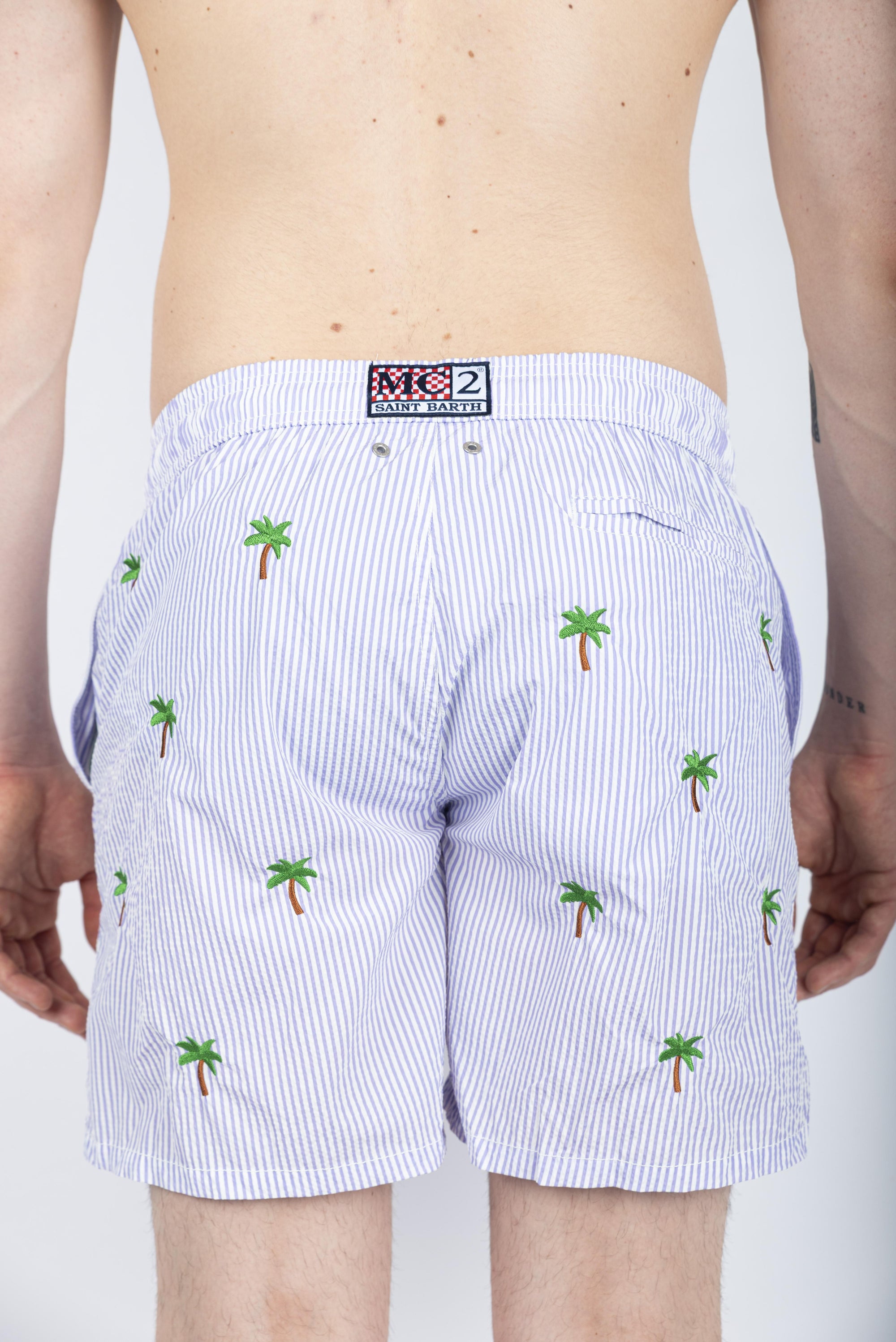 Costume mare classico Gustavia in Seersucker con ricamo palme lilla GUS0007 05007H MC2 SAINT BARTH 
