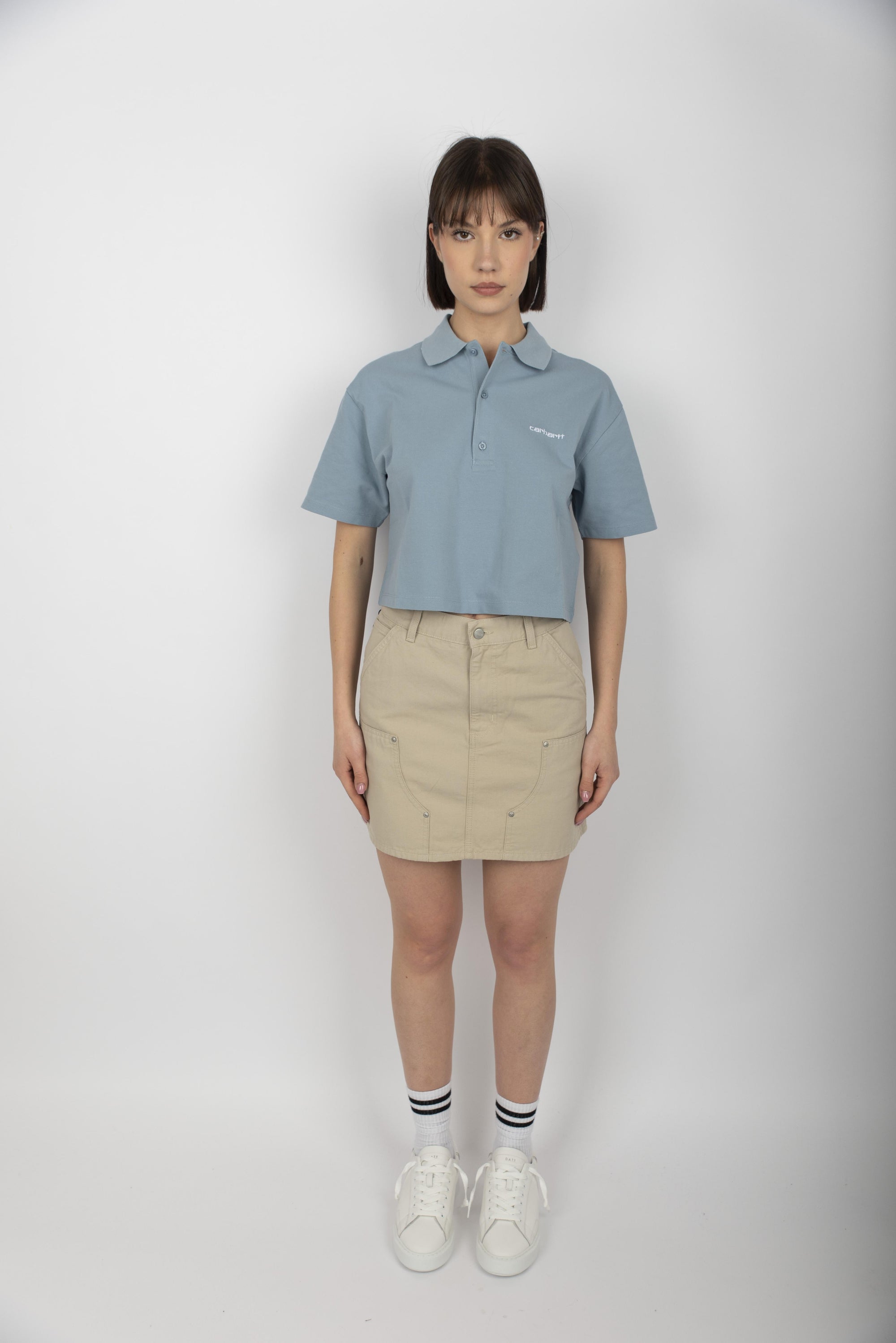 Women's S/S Script Polo T-Shirt frosted blue I034553 0F4XX CARHARTT WIP 