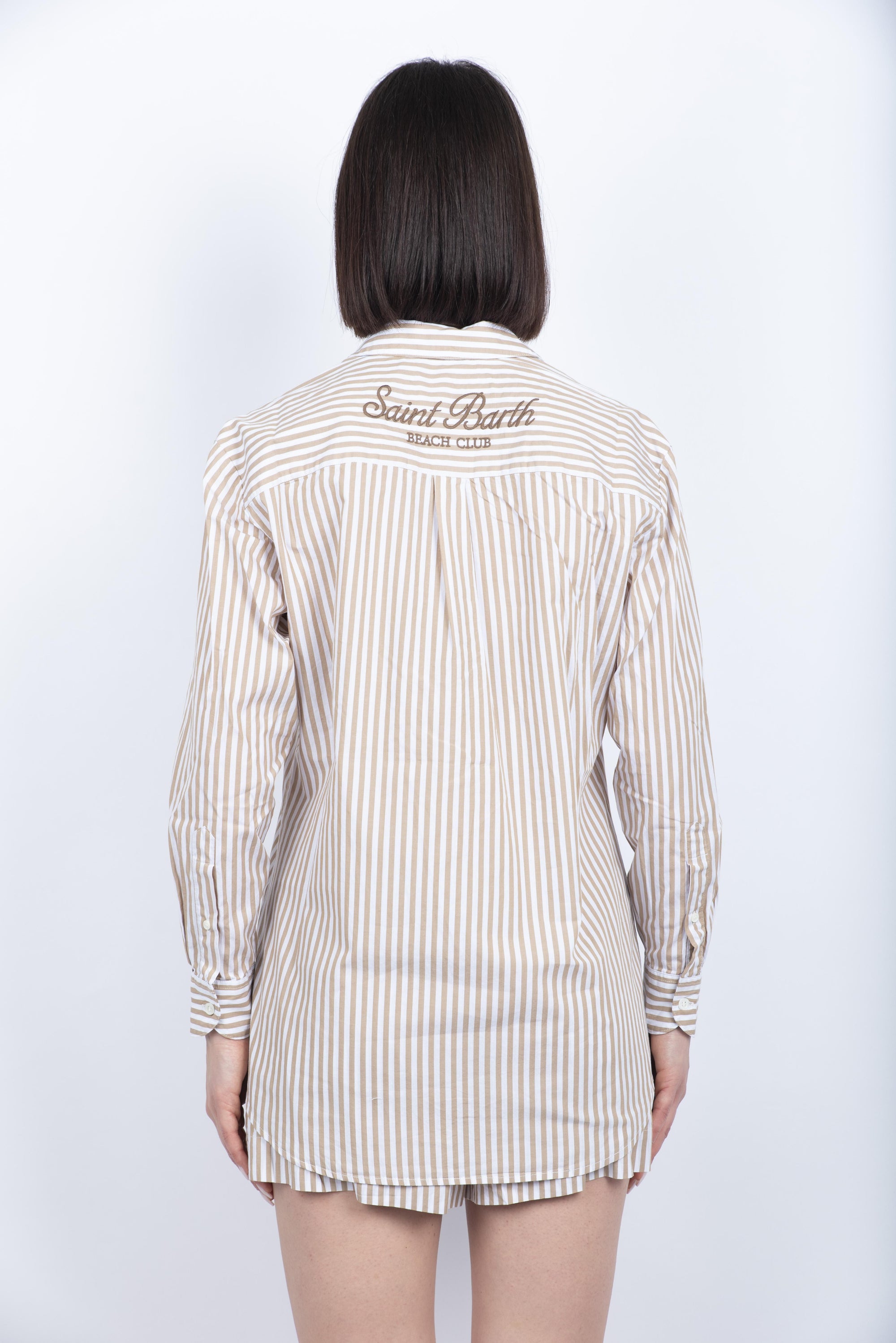 Camicia da donna over Brigitte in cotone a righe marroni BRIG001 03862H MC2 SAINT BARTH 