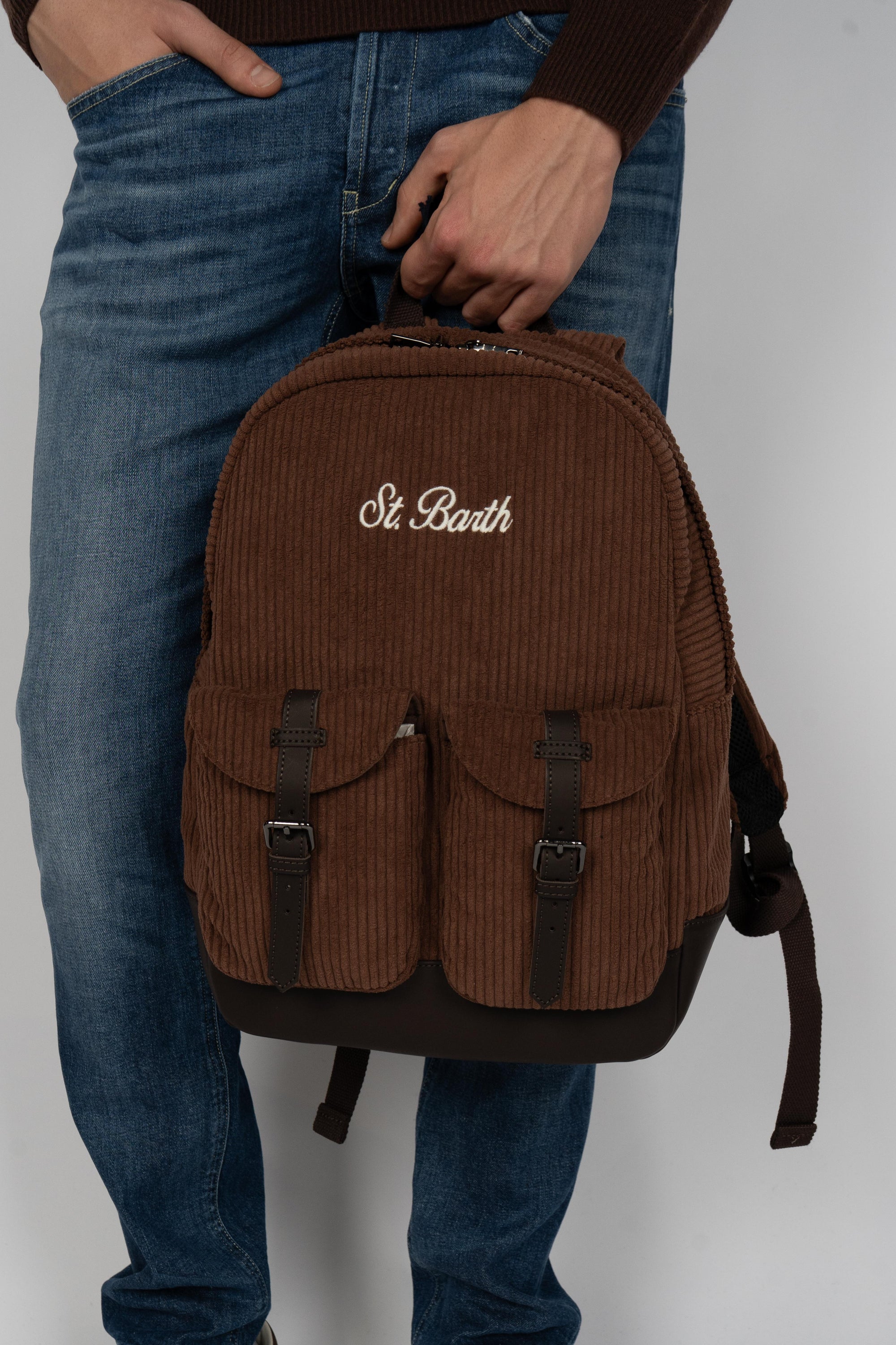 Zaino Cody Corduroy in misto lana marrone con dettagli in pelle COD0007 01042I MC2 SAINT BARTH 