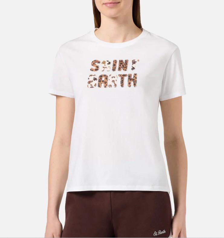 T-shirt Emilie bianca con patch logo animalier ricamata EMI0001 00298L MC2 SAINT BARTH 