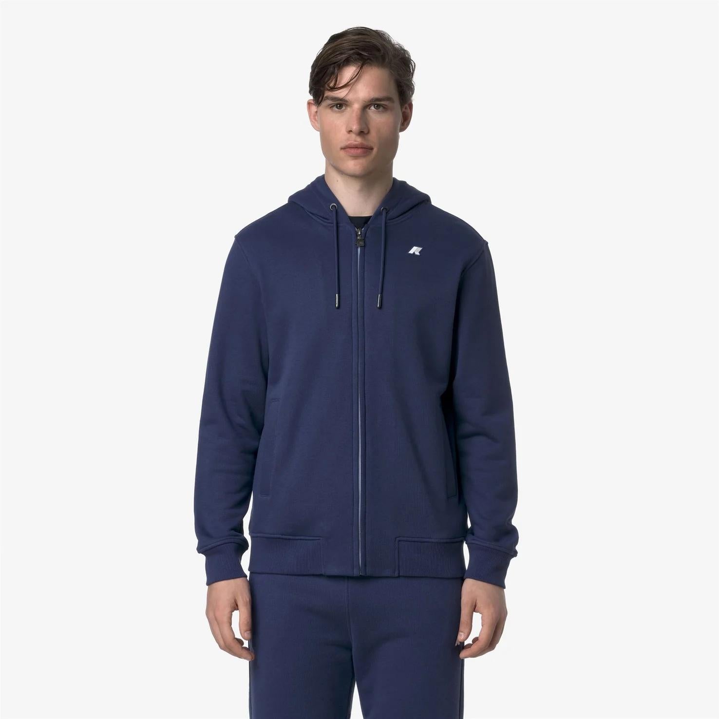 Giacca in pile casual da uomo blu con cappuccio regolabile K31364W 867 K-WAY 