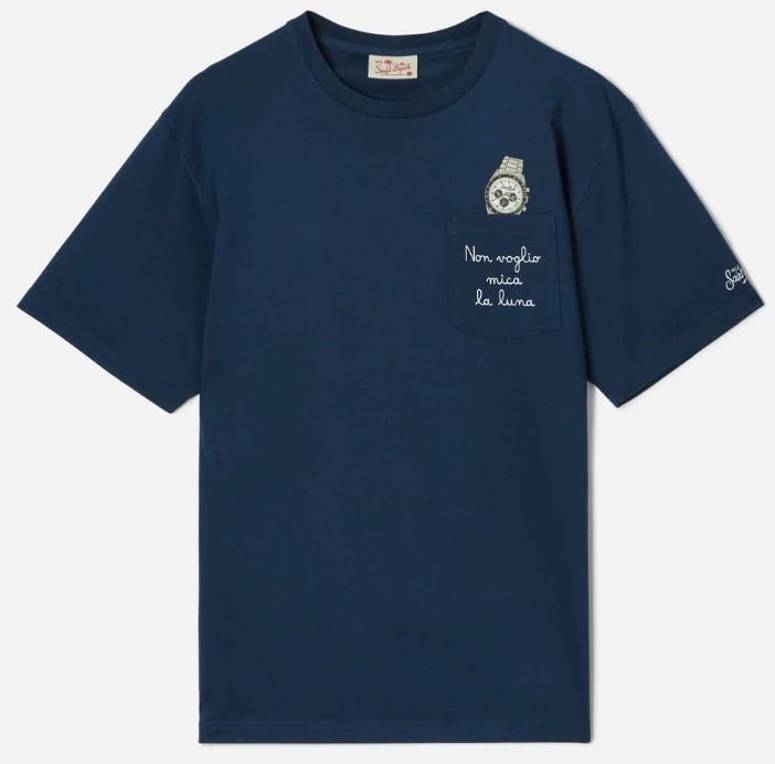 T-shirt Austin blu con orologio e ricamo non Voglio Mica La Luna AUS0001 04348L MC2 SAINT BARTH 