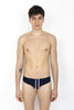 Black swim brief with white back logo
