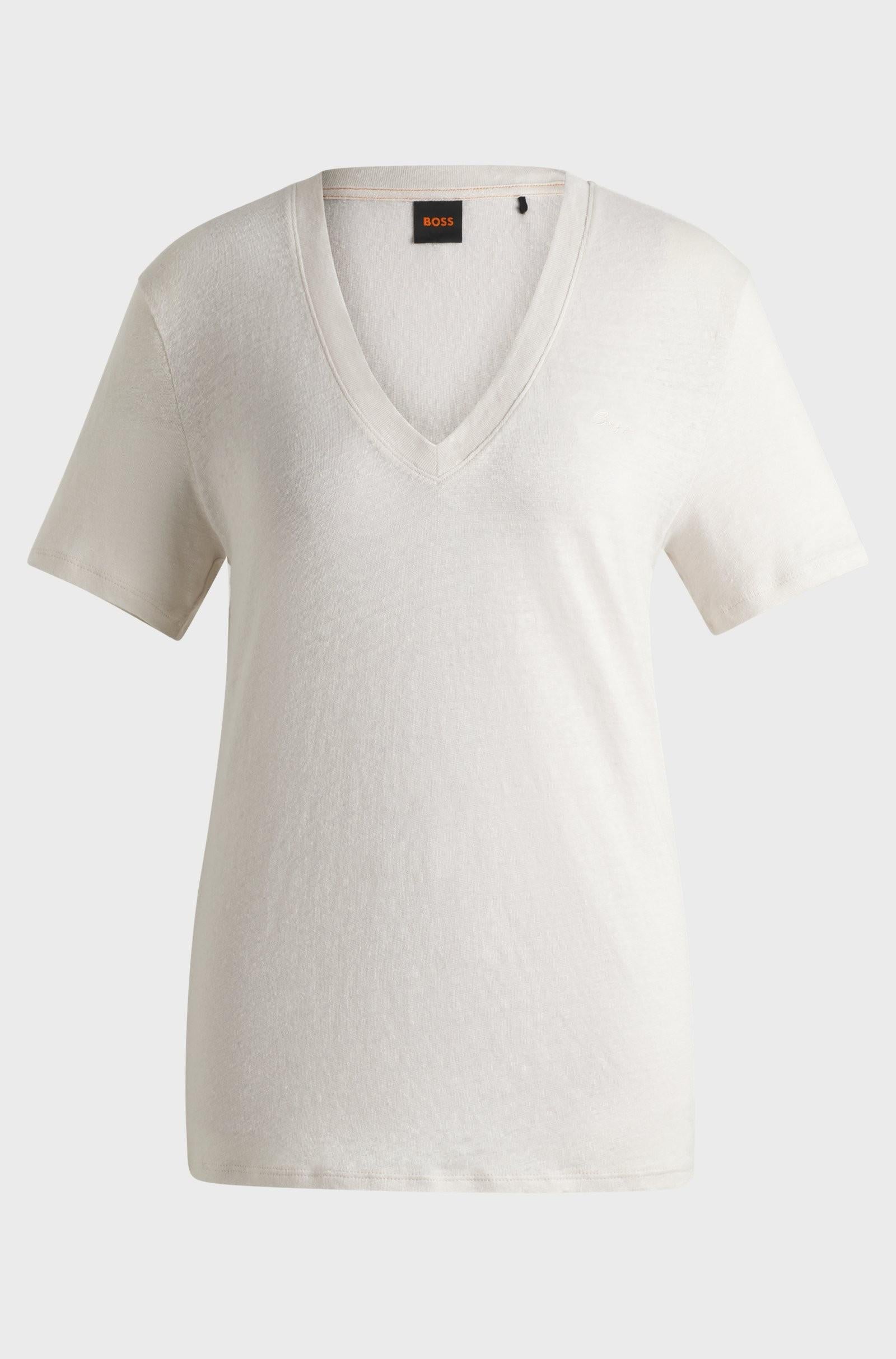 T-shirt a scollo a V in lino leggero 50538645 118 BOSS 