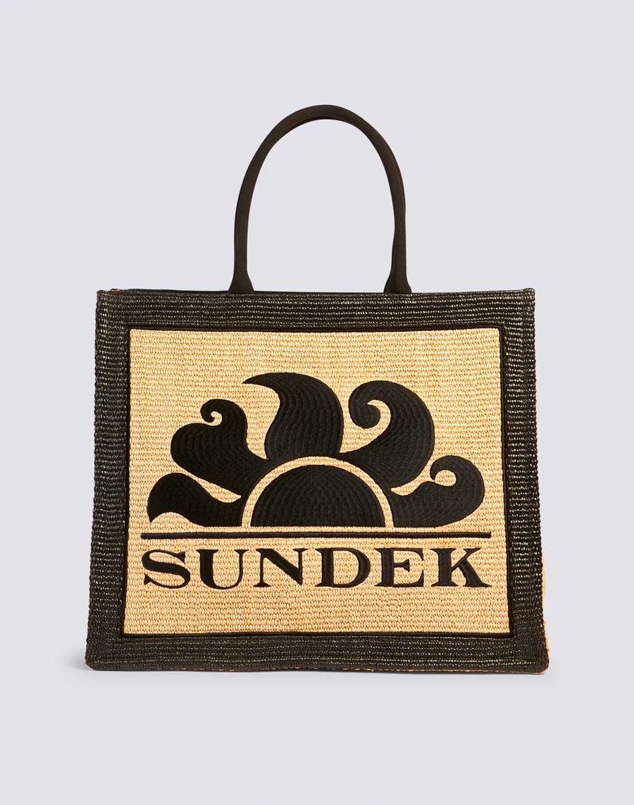 Shopping bag in raffia con logo ricamato nero GAW952ABPR100 00400 SUNDEK 