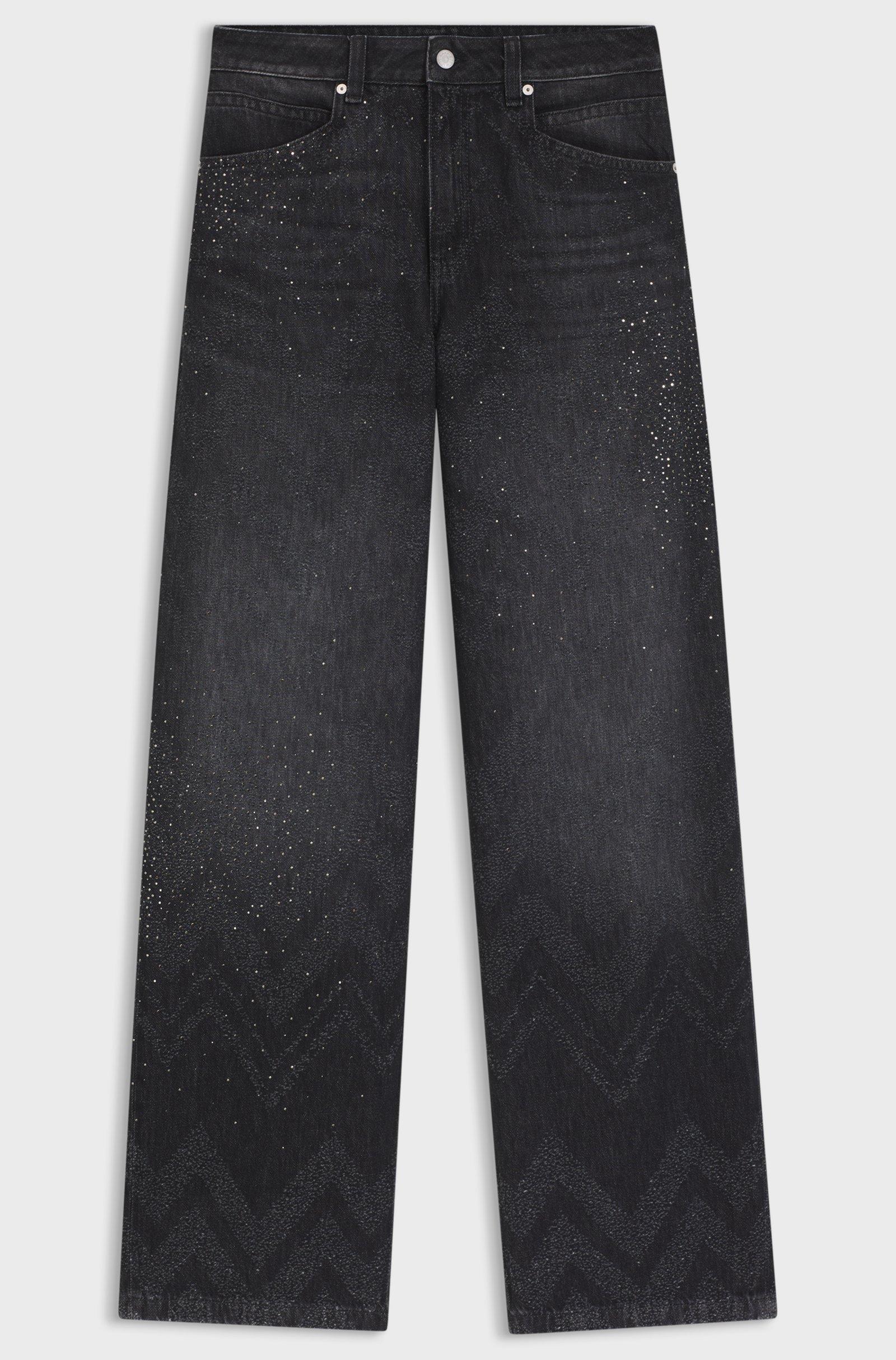 Jeans a gamba larga in denim nero con cristalli 50548444 002 BOSS 