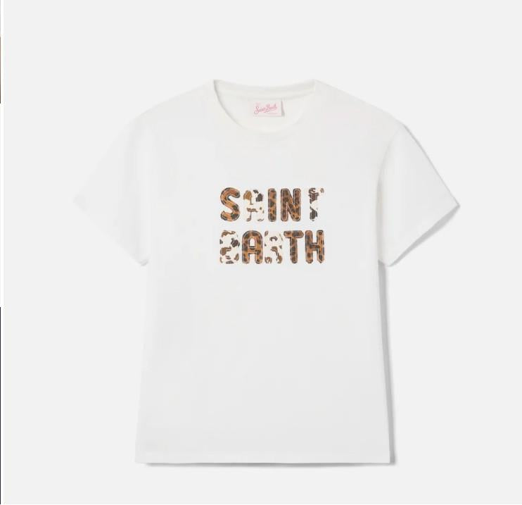 T-shirt Emilie bianca con patch logo animalier ricamata EMI0001 00298L MC2 SAINT BARTH 