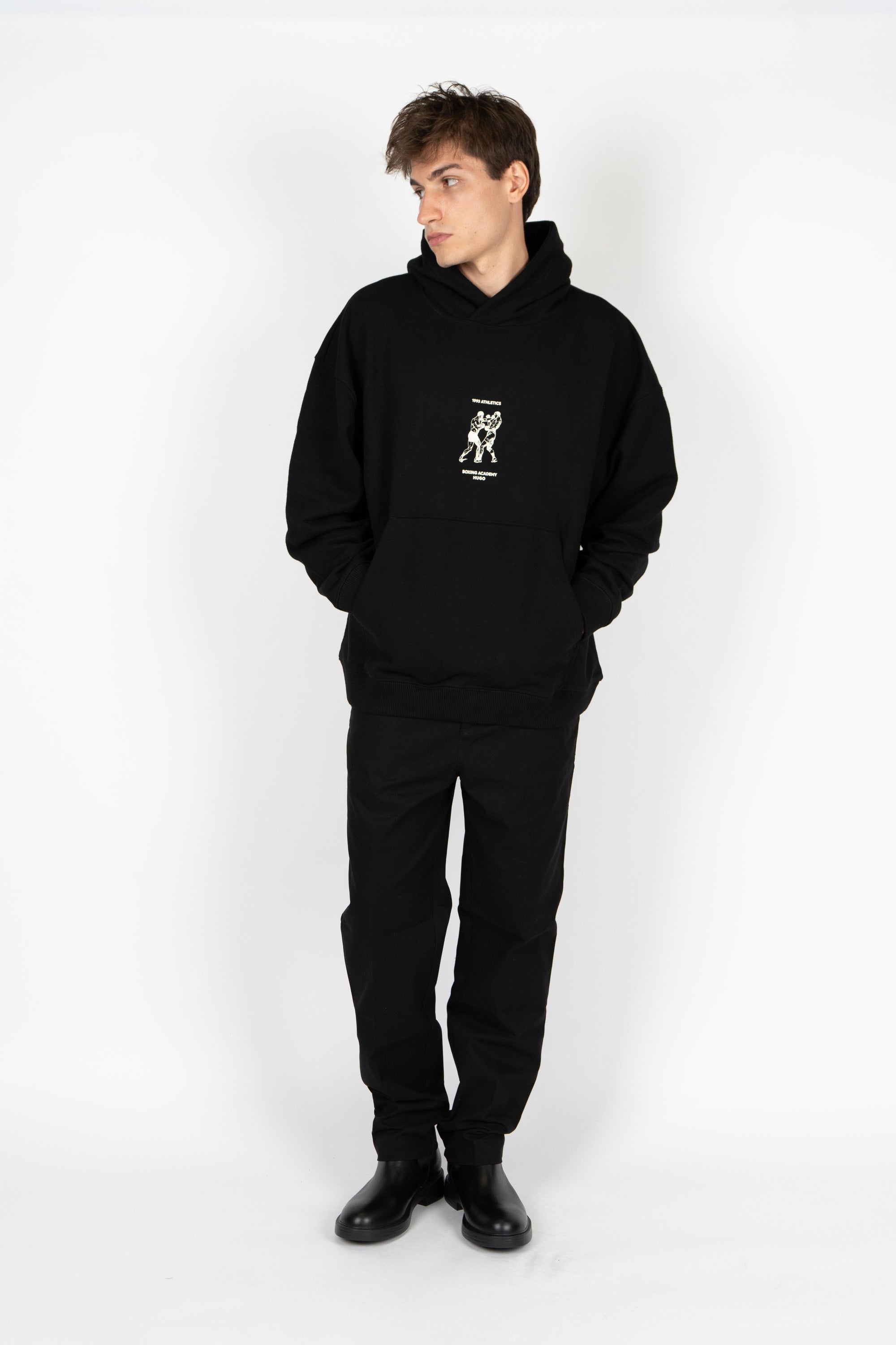 Felpa con cappuccio in terry di cotone con grafica ispirata alla boxe 50542399 001 HUGO 